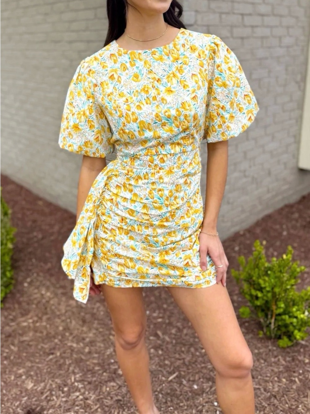Strut & Bolt Yellow Floral Ruched Mini Dress
